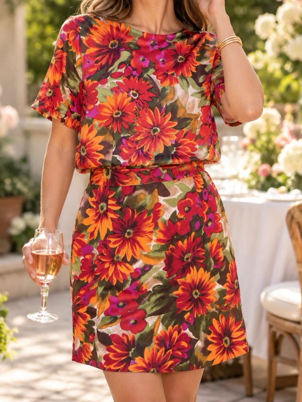 Floral Matching Set-A-Line Mini Skirt & Short Sleeve Top -Vintage Work Wear